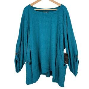 Ali Miles Dark Teal Textured Tunic Shirt Plus Sz 3X  Buttons Art To Wear